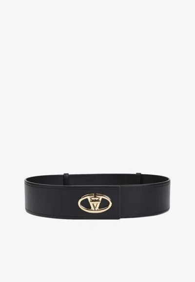 Valentino Logo Buckle Leather Belt With Wide Loop In Black