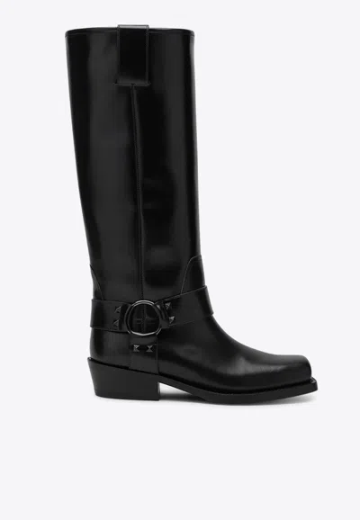 Valentino Rockstud Biker Knee-high Leather Boots In Black