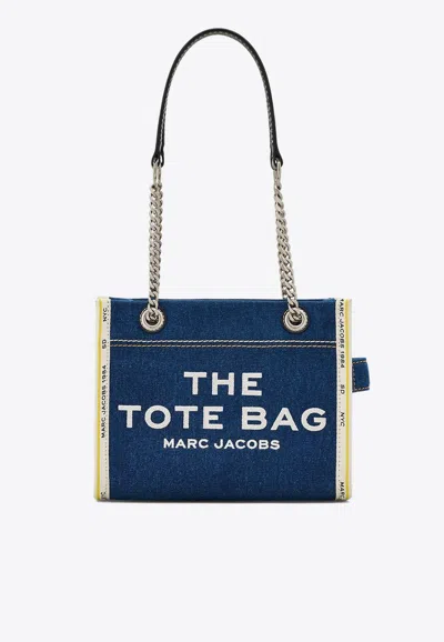 Marc Jacobs The Medium Tote In Blue Denim With Embroidered Logo In Denim