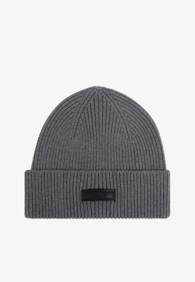 Versace Logo Tag Wool Knit Beanie In Gray