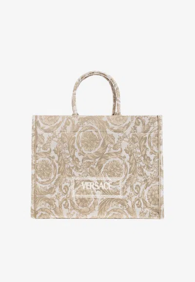 Versace Large Barocco Athena Jacquard Tote Bag In Beige