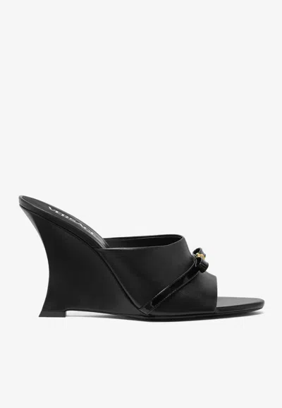 Versace Black Gianni Ribbon Wedge Mules In Black