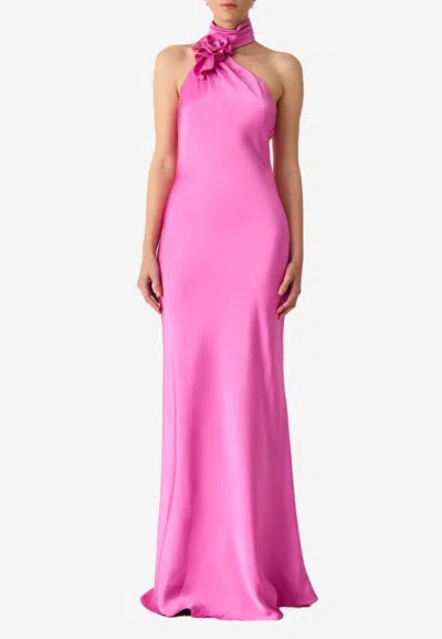 Misha Rose-embellished Halterneck Dress In Pink