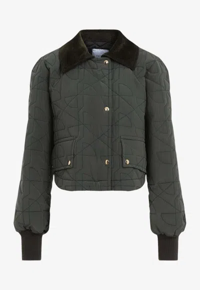 Patou Quilted Velvet Collar Cropped Blouson In Green