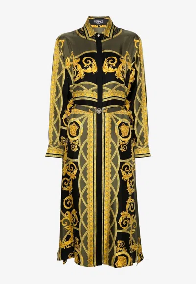 Versace Belted Printed Silk-twill Midi Shirt Dress In Black