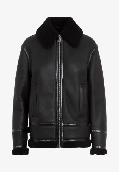 Gucci Black Curly Shearling Leather Biker Jacket In Black