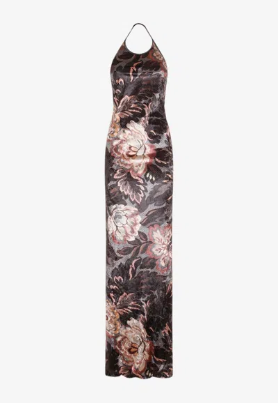 Etro Floral Crushed Velvet Backless Gown In Multicolor
