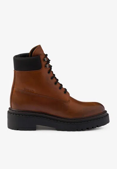 Prada Cognac-coloured Ankle Boots In Leather And Re-nylon In Brown