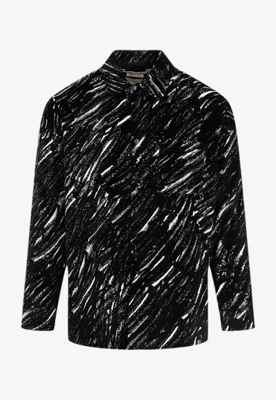Marni Flocked Denim Oversized Shirt With Crayon Print In Black