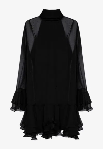 Valentino Chiffon Dress With Bow Detail And Ruffle Hem In Black