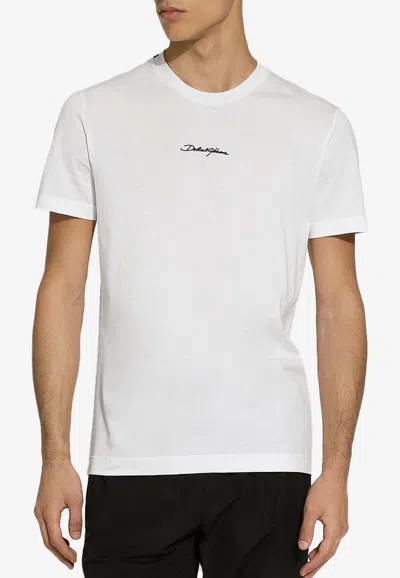 Dolce & Gabbana White Crewneck T-shirt With Signature Logo In Cotton Man In White