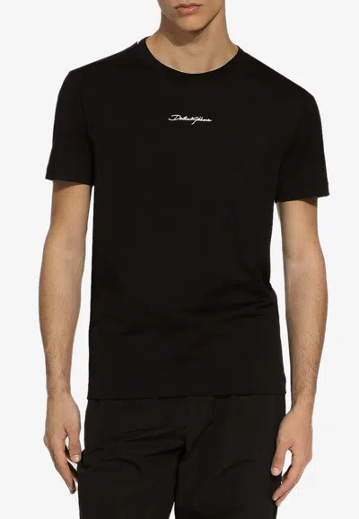 Dolce & Gabbana Black Crewneck T-shirt With Signature Logo In Cotton Man In Black