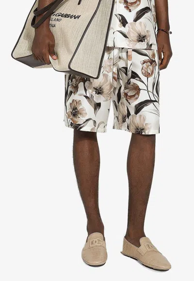 Dolce & Gabbana Beige Bermuda Short With Flower Print In Silk Twill In Multicolor