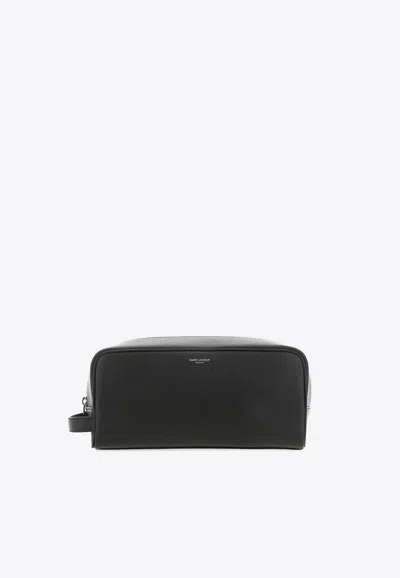 Saint Laurent Logo Stamped Pouch Bag In Black
