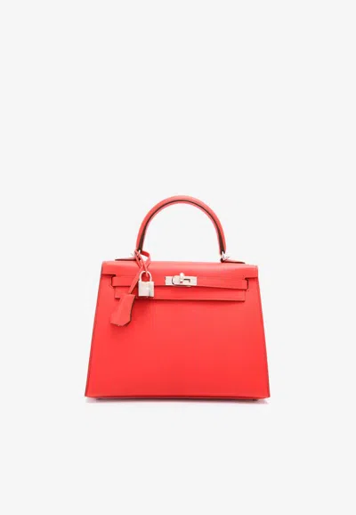 Pre-owned Hermes Kelly 25 Sellier In Rouge De Coeur Madame Leather With Palladium Hardware