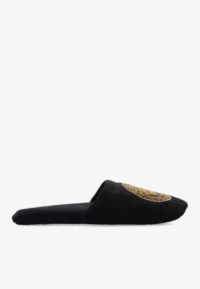 Versace Crystal Medusa Slippers In Black