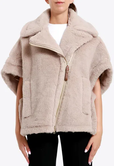Max Mara Newmant Biker Jacket Cape In Wool And Alpaca Teddy Fabric In Sand