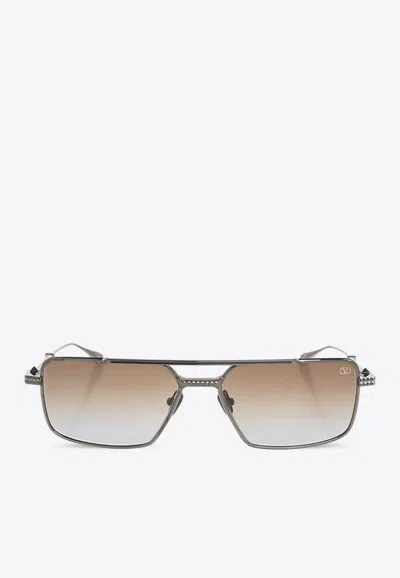 Valentino Vi Studded Rectangular Sunglasses In Brown