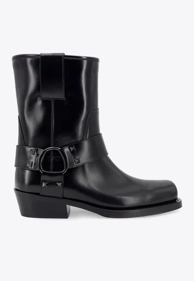 Valentino Garavani 40mm Rockstud Leather Biker Boots In Black