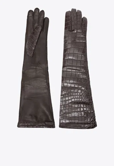 Miu Miu Croc-embossed Leather Gloves In Brown