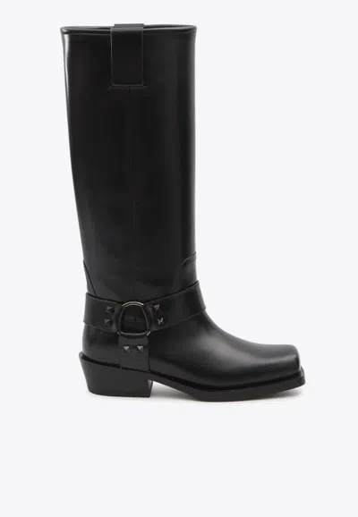 Valentino Rockstud Biker Knee-high Leather Boots In Black