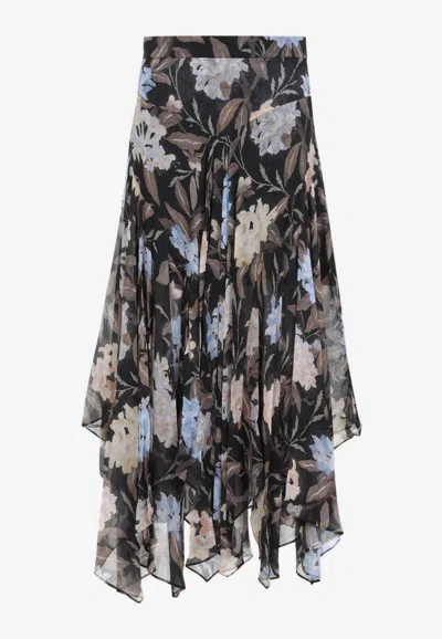Zimmermann Black Eden Handkerchief Viscose Midi Skirt In Multicolor