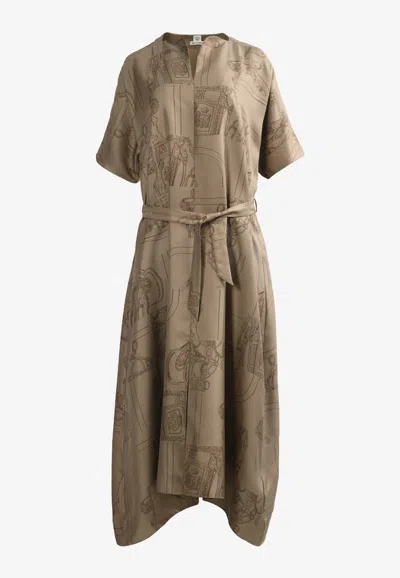Pre-owned Hermes En Desordre Finesse Belted Silk Kaftan In Gris