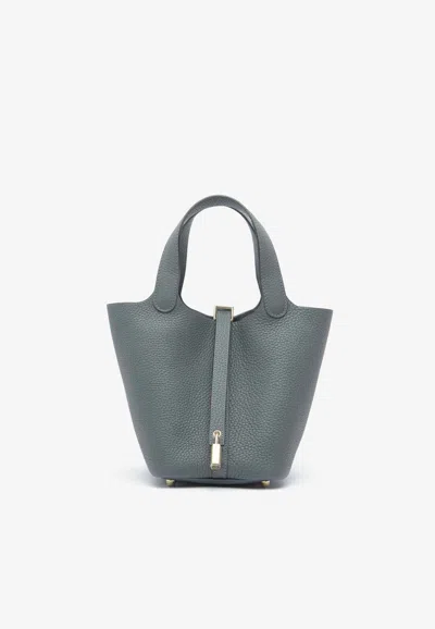 Pre-owned Hermes Picotin 18 In Gris Misty Clemence Leather With Permabrass Hardware