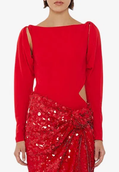Rotate Birger Christensen Knotted Long-sleeved Cut-out Bodysuit In Red
