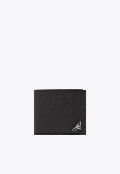 Prada Triangle Logo Saffiano Leather Wallet In Black