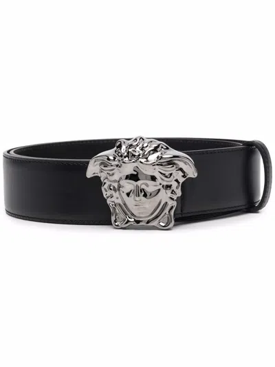 Versace Medusa Head Gold-toned Buckle Leather Belt In Black