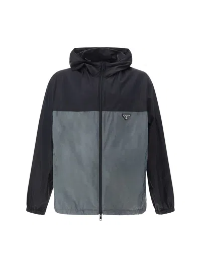 Prada Drawstring Hooded Color-block Jacket Pockets In Grey