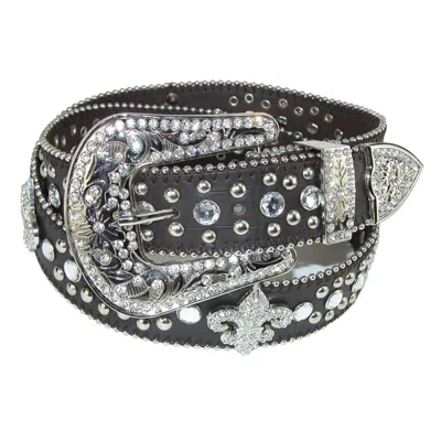 Ctm Women's Fleur De Lis Studded Rhinestone Belt In Brown