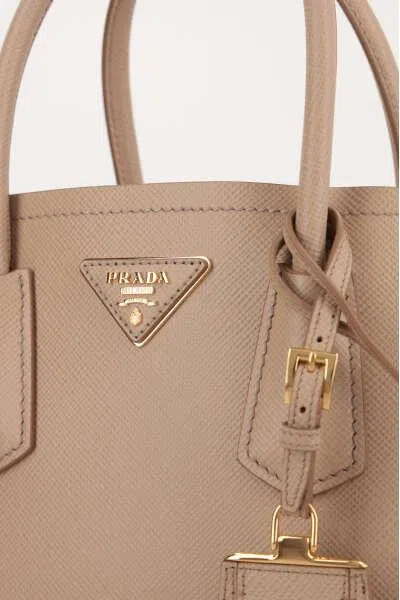 Prada Structured Leather Top Handle Shoulder Bag In Beige