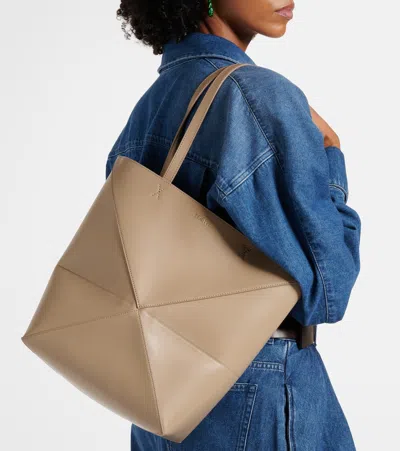 Loewe Medium Puzzle Fold Tote In Shiny Leather Skin For Woman In Beige