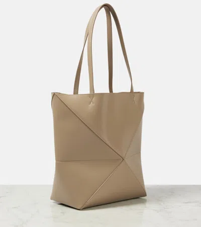 Loewe Medium Puzzle Fold Tote In Shiny Leather Skin For Woman In Beige