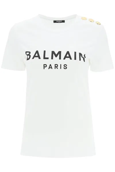 Balmain White Crewneck T-shirt With Logo Print And Golden Buttons In Jersey Woman