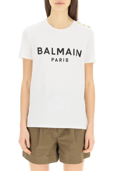 Balmain White Crewneck T-shirt With Logo Print And Golden Buttons In Jersey Woman