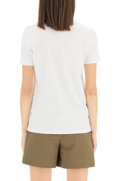 Balmain White Crewneck T-shirt With Logo Print And Golden Buttons In Jersey Woman