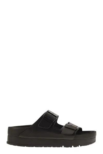 Birkenstock Black Leather Platform Sandals With Two Straps And Metal Buckles