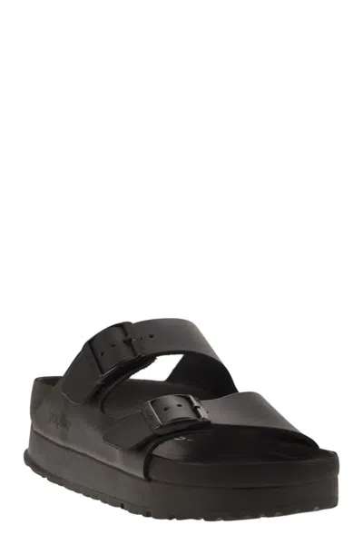 Birkenstock Black Leather Platform Sandals With Two Straps And Metal Buckles