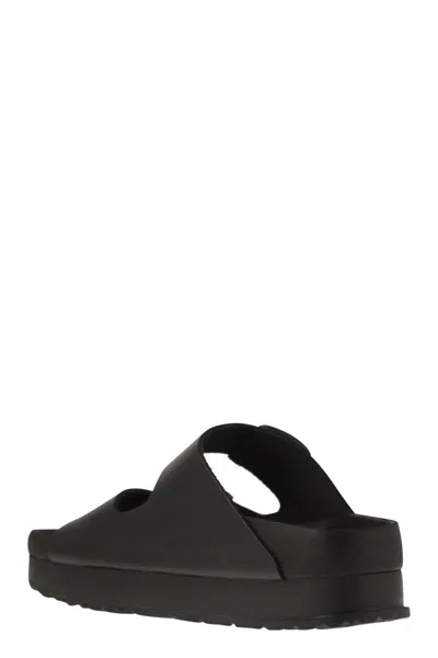 Birkenstock Black Leather Platform Sandals With Two Straps And Metal Buckles