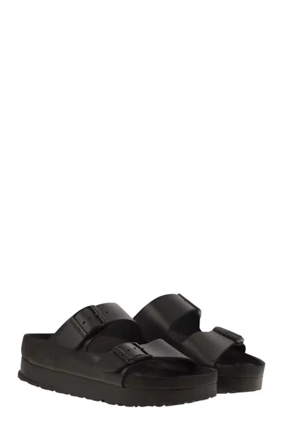 Birkenstock Black Leather Platform Sandals With Two Straps And Metal Buckles