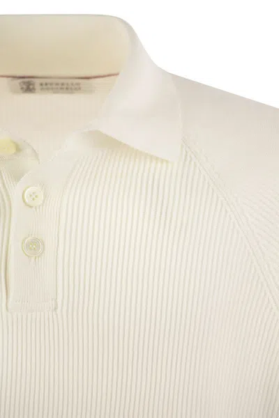 Brunello Cucinelli Cotton Rib Knit Polo Shirt With Long Raglan Sleeve
