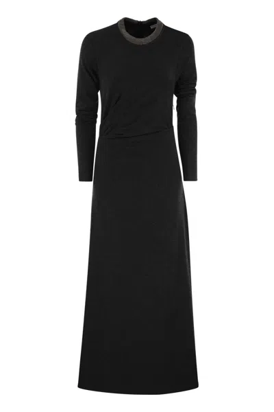Brunello Cucinelli Elegant Wool Midi Dress With Monili Detail