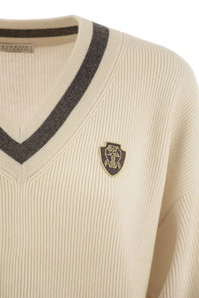 Brunello Cucinelli Ribbed Cashmere Sweater With Contrasting Stripe
