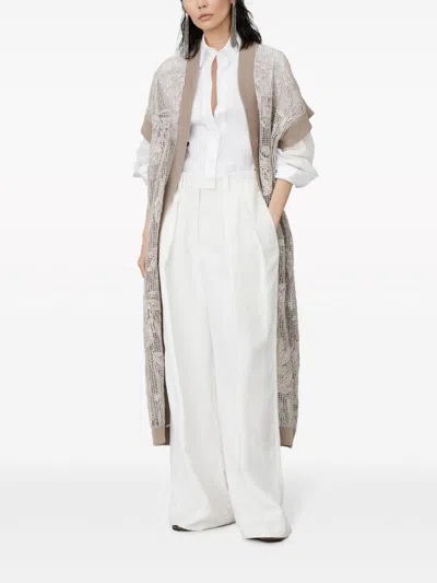 Brunello Cucinelli Stunning White Stretch Cotton Poplin Shirt With Light Knit Sleeves And Necklace