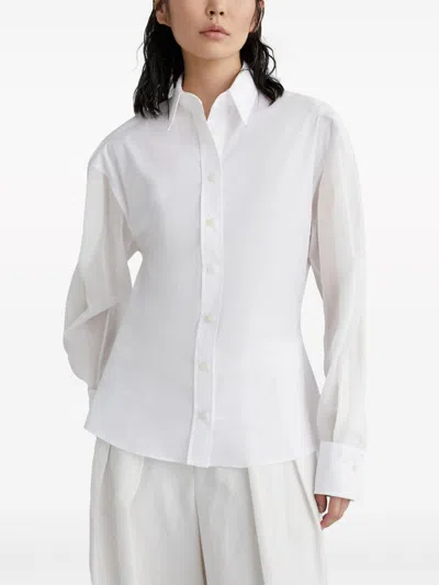 Brunello Cucinelli Stunning White Stretch Cotton Poplin Shirt With Light Knit Sleeves And Necklace