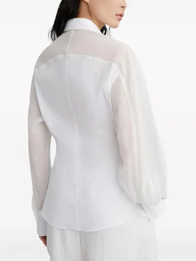 Brunello Cucinelli Stunning White Stretch Cotton Poplin Shirt With Light Knit Sleeves And Necklace