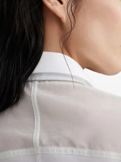 Brunello Cucinelli Stunning White Stretch Cotton Poplin Shirt With Light Knit Sleeves And Necklace